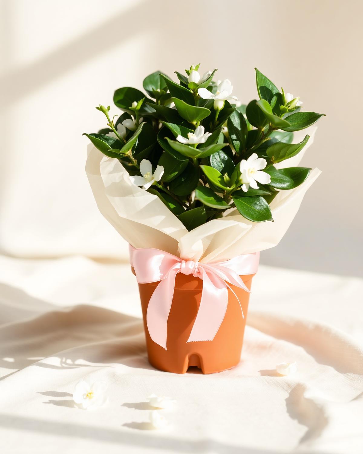 A fragrant jasmine plant gift-wrapped in blush ribbon and cream tissue